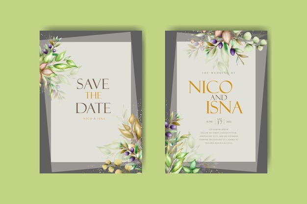 Vector invitación de boda y plantilla de menú con hermosas hojas