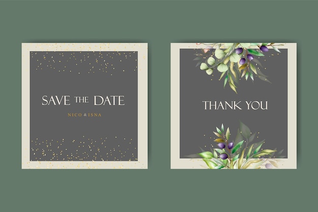 Vector invitación de boda y plantilla de menú con hermosas hojas