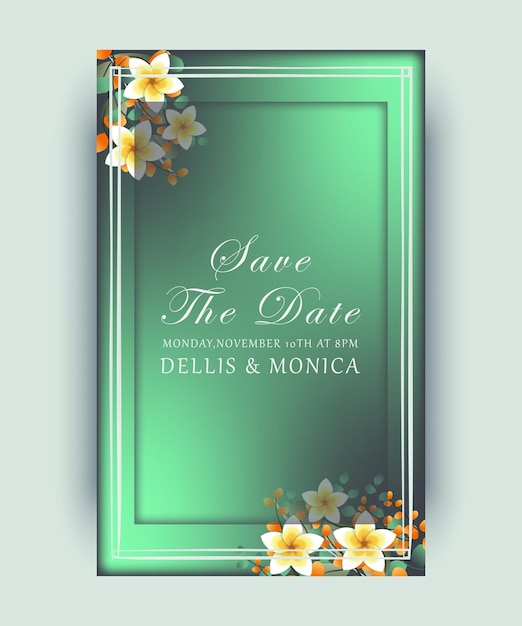 Invitación de boda y plantilla de menú con hojas de flores, guarde la fecha diseño de morfismo de vidrio verde