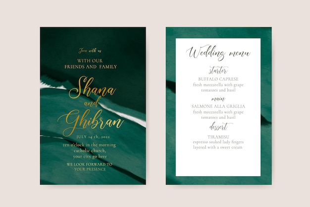 Invitación de boda y plantilla de menú con verde esmeralda y oro.