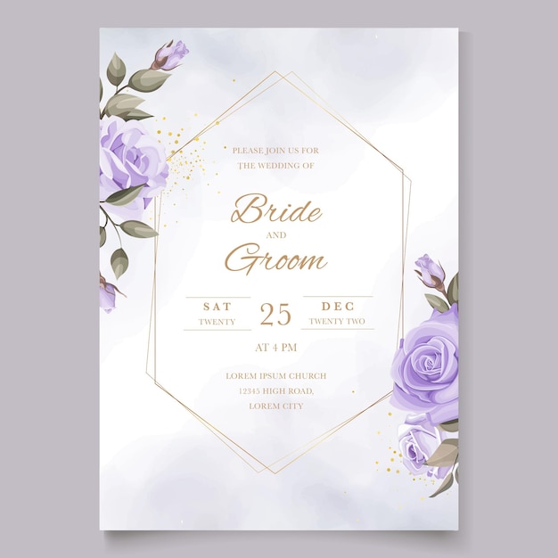 Vector invitación de boda con plantilla de rosas moradas