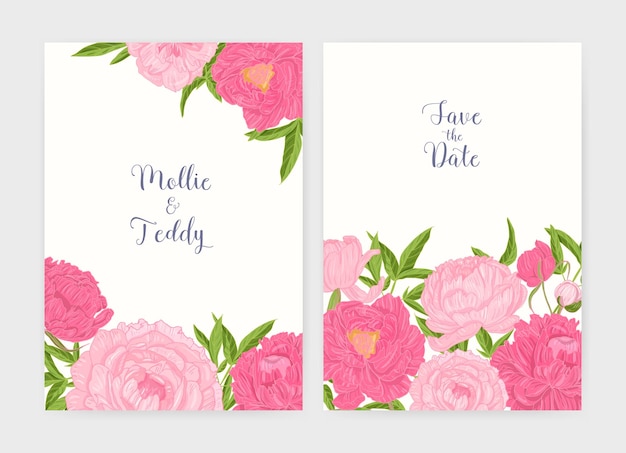 Invitación de boda y plantillas de tarjetas save the date decoradas con tiernas flores de peonía rosa