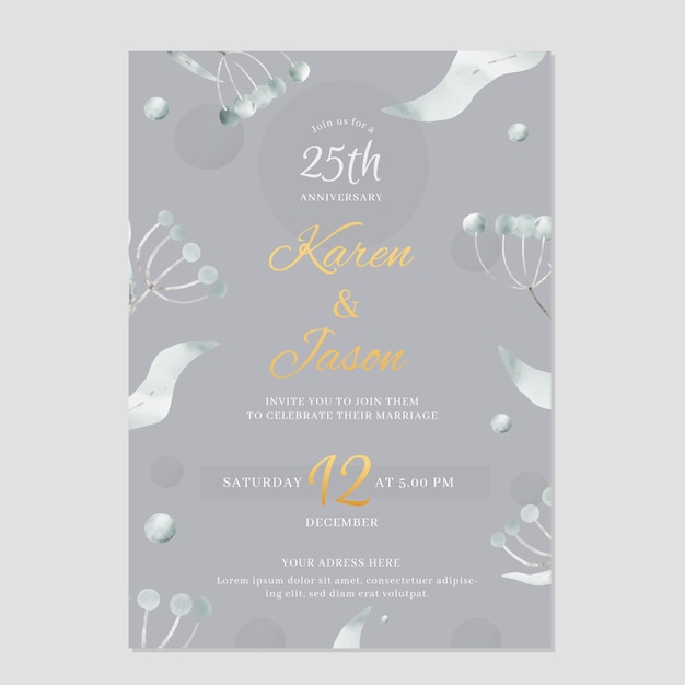 Vector invitación de boda de plata en acuarela