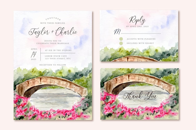 invitación de boda con un puente del lago y un paisaje de acuarela de jardín floral