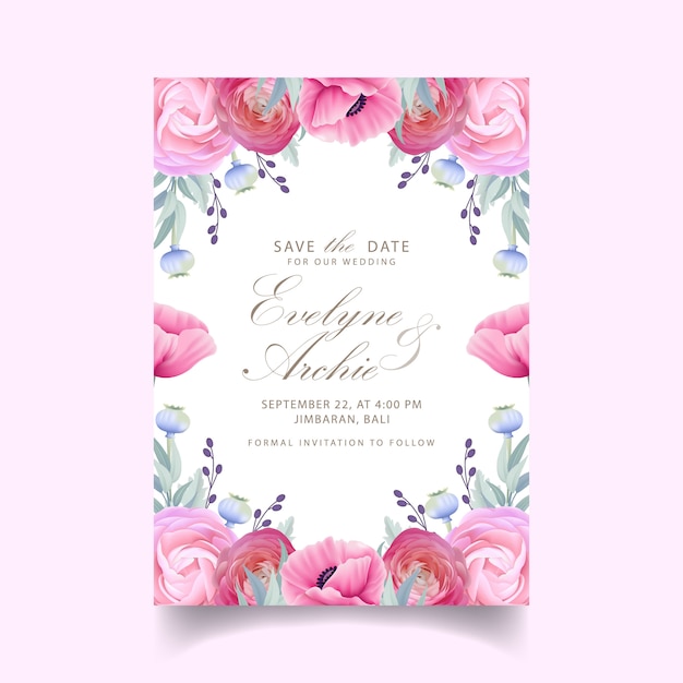 Invitación de boda con ranúnculos florales y flores de amapola