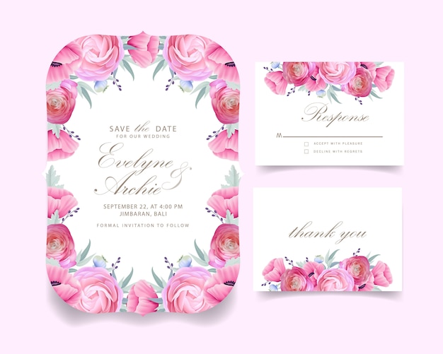 Invitación de boda con ranúnculos florales y flores de amapola