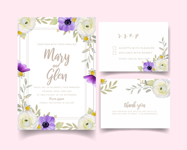 Vector invitación de boda con ranúnculos florales y flores de anémona