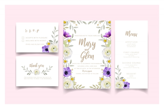 Vector invitación de boda con ranúnculos florales y flores de anémona