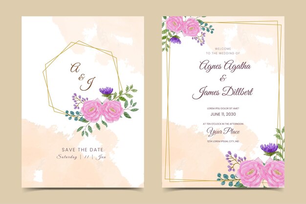 Invitación de boda romántica en acuarela y plantilla de menú
