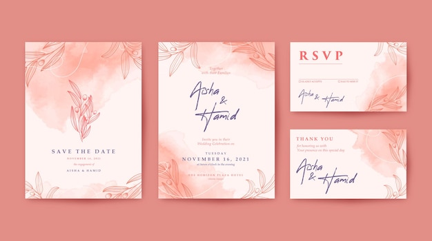 Invitación de boda romántica elegante y hermosa con fondo marrón y hojas dibujadas a mano