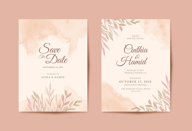 Invitación de boda romántica con hermosas hojas de acuarela