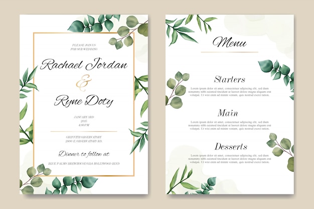 Invitación de boda romántica y plantilla de menú