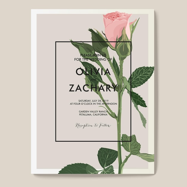 Una invitación de boda con una rosa y un marco que dice ohana.
