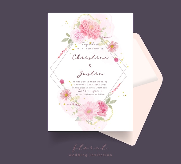 Invitación de boda con rosas acuarelas, dalia y flores de gerbera