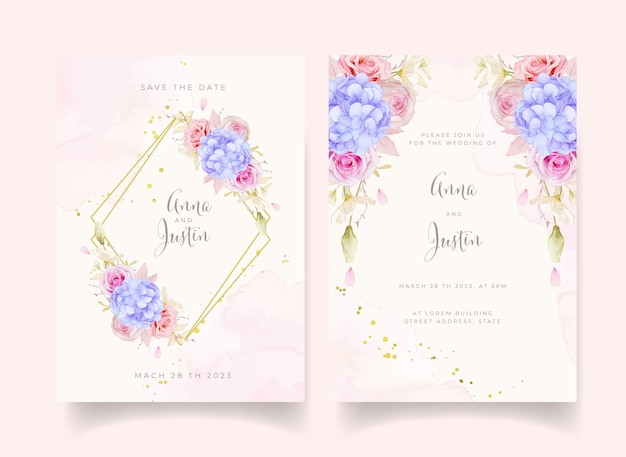 Vector invitación de boda con rosas acuarelas y flor de hortensia azul