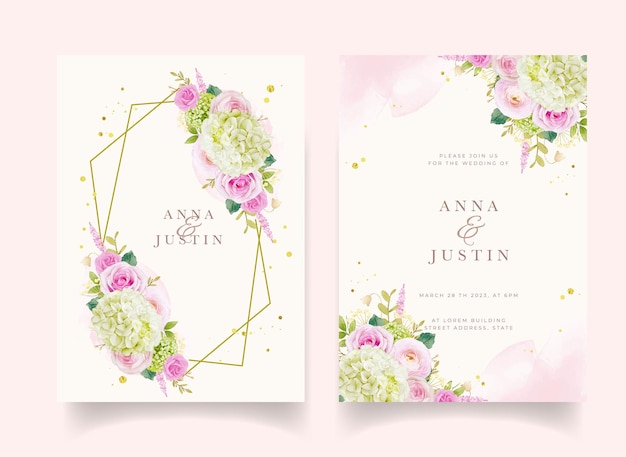 Invitación de boda con rosas acuarelas y hortensias