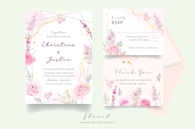 Vector invitación de boda con rosas acuarelas