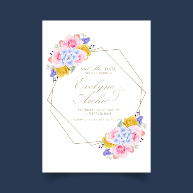 Invitación de boda rosas y hortensias florales