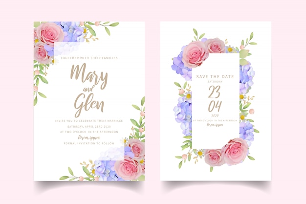 Invitación de boda con rosas y hortensias florales