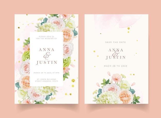 Invitación de boda con rosas melocotón acuarela y flor de hortensia