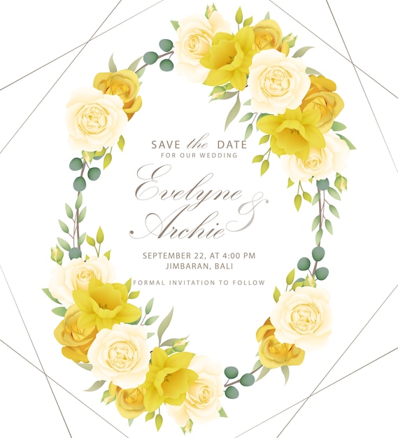 Vector invitación de boda rosas y narcisos florales