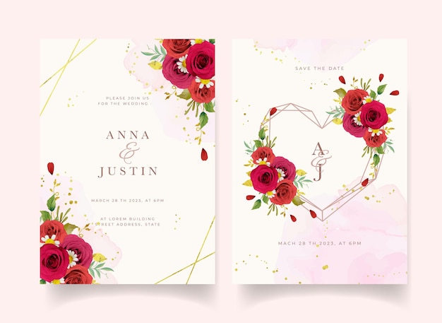 Vector invitación de boda con rosas rojas acuarelas