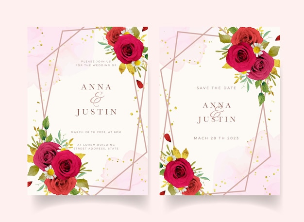 Vector invitación de boda con rosas rojas acuarelas