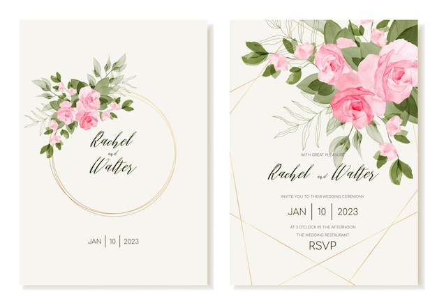 Invitación de boda rústica con rosas acuarelas y hojas Plantilla vectorial