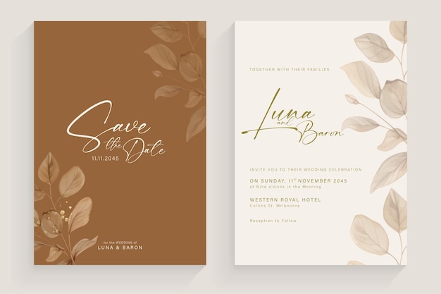 Invitación de boda sencilla Tempate con hojas estéticas Arreglo de acuarela