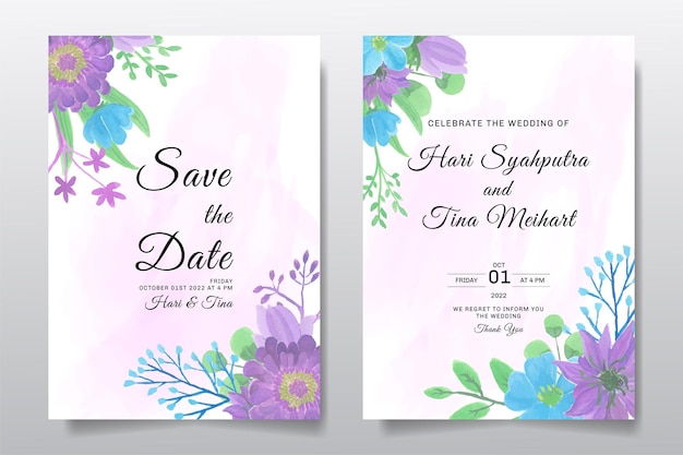 Invitación de boda set tarjeta de felicitación con acuarela flor morada u hojas