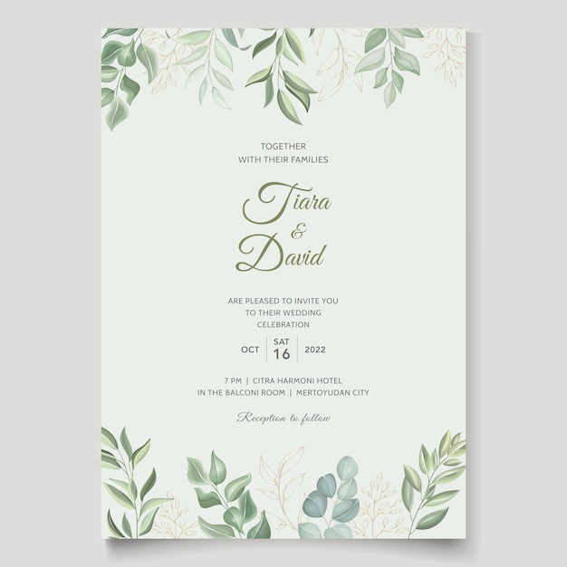 Vector invitación de boda simple con hojas verdes