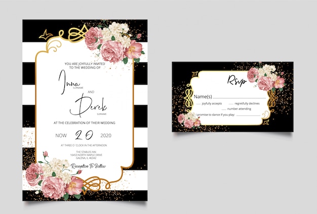 Vector invitación de boda con tarjeta rsvp