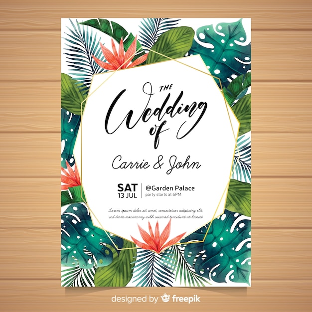 Vector invitación de boda tropical en acuarela