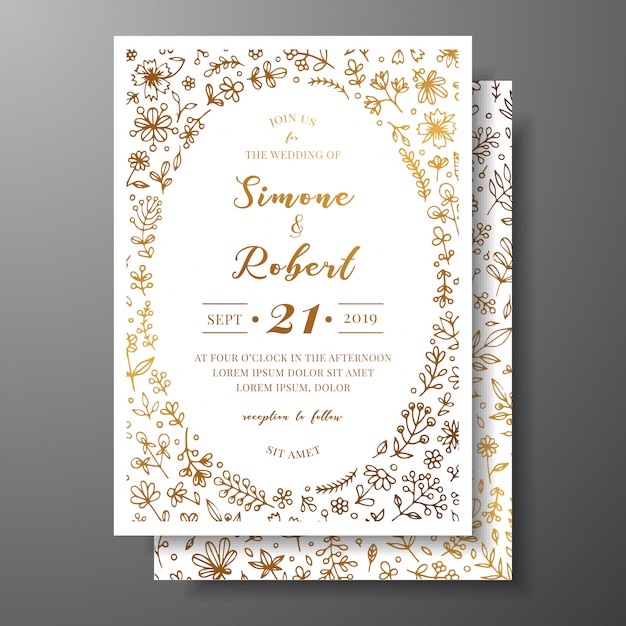 Invitación de boda vector dorado con ramitas, flores y brahches dibujados a mano.