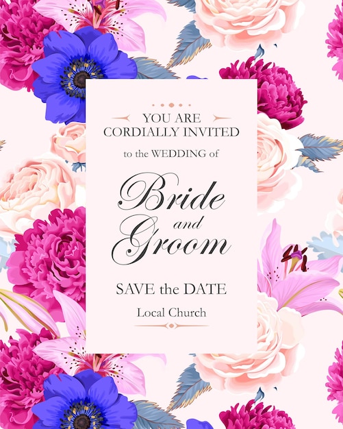 Invitación de boda de vector con flores de jardín en estilo vintage