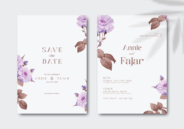 invitación de boda con vector premium de acuarela de flor morada