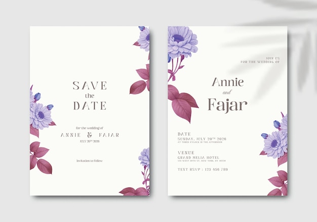 invitación de boda con vector premium de acuarela de flor morada