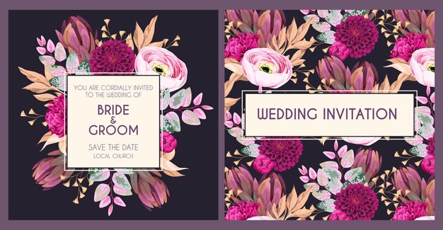 Invitación de boda de vector con ramo bohemio de flores y vegetación