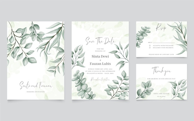 Invitación de boda verde con fondo de hojas de eucalipto