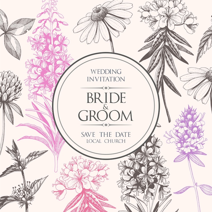 Vector invitación de boda vintage con flores madow dibujadas a mano