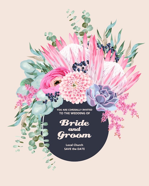 Invitación de boda vintage con flores y suculentas muy detalladas