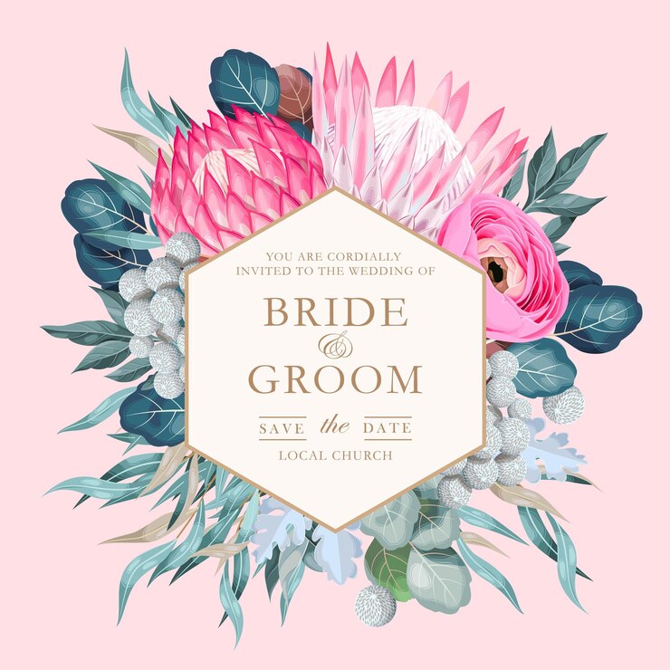 Vector invitación de boda vintage con flores y vegetación.
