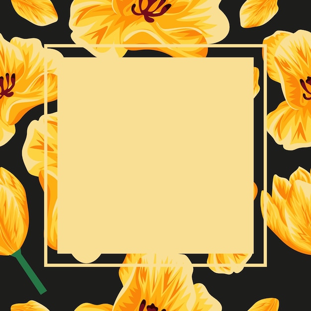 Invitación con brotes de tulipán abiertos brotes cerrados y hojas verdes y marco cuadrado amarillo para el texto