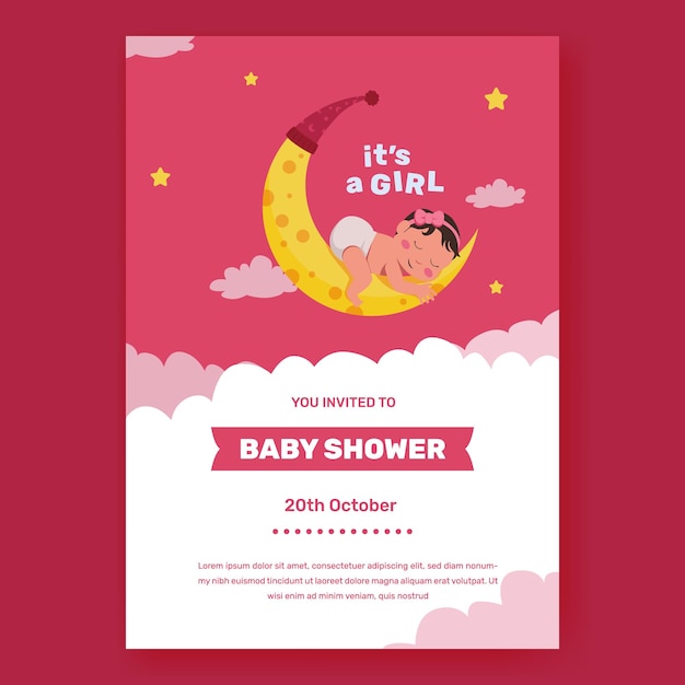 Invitación de cartel de baby shower niña con sueño de bebé en la luna con color rosa canción de cuna de sueño femenino