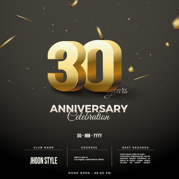 Invitación de celebración del 30 aniversario con número 3D dorado