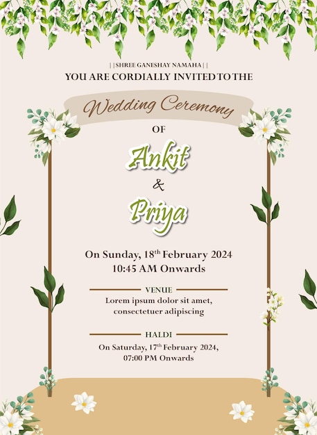 Invitación para una ceremonia de boda con flores y un fondo verde