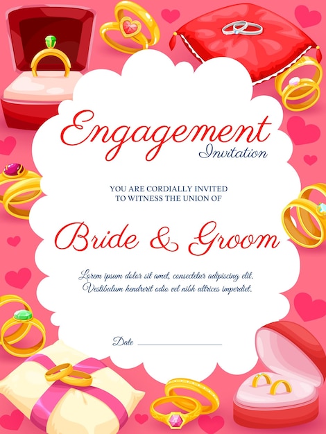 Invitación de compromiso con anillos de oro boda y matrimonio fondo de vector de despedida de soltera Tarjeta de invitación de ceremonia de compromiso con nombres de novios boda anillos de diamantes y corazones