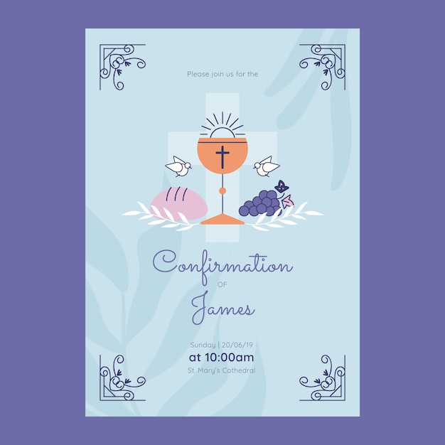 Invitación de confirmación sagrada de diseño plano dibujado a mano