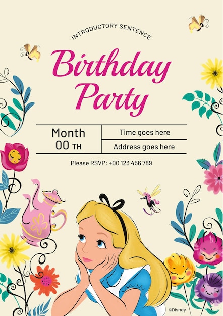 Vector invitación de cumpleaños de alicia en el país de las maravillas