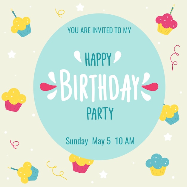 Invitación de cumpleaños con cupcakes y texto